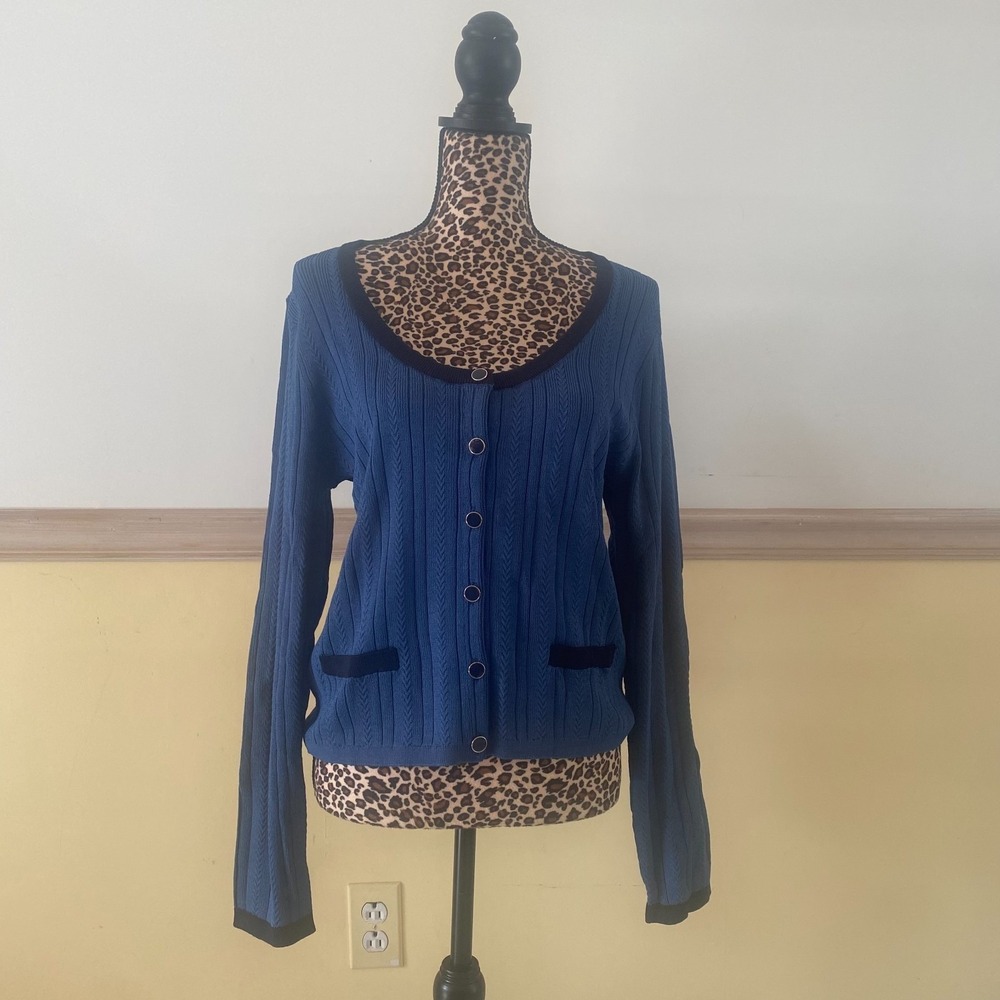 NWT Ann Taylor Women's‎ M Contrast Trim Scoop Neck Cardigan Blue Green Color - Picture 2 of 4